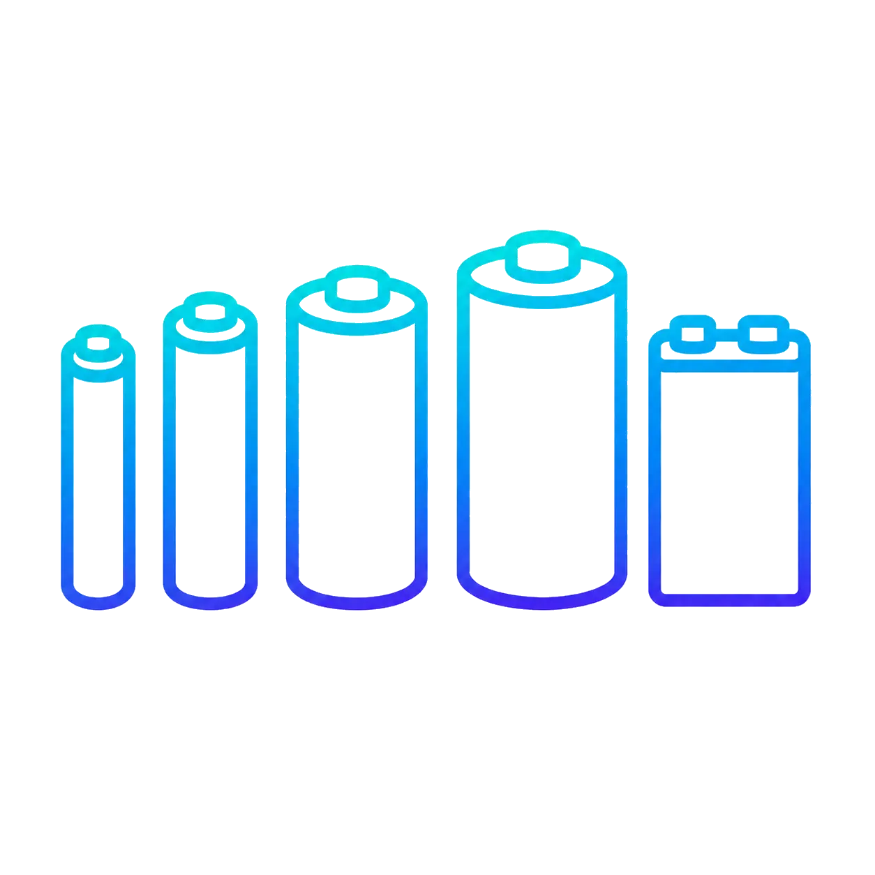 Konturowa ilustracja formatów baterii alkalicznych AAA, AA, C, D oraz 9 V